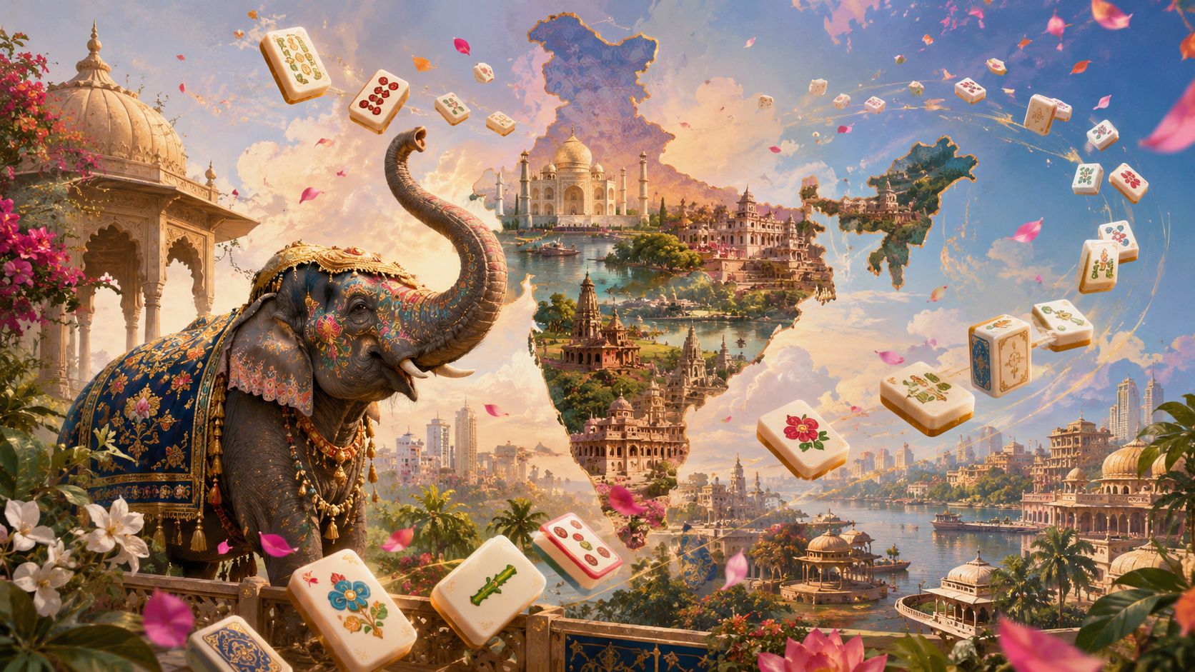India scene with caparisoned elephant, Taj, mahjong tiles in flight